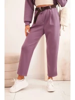 Komplet dámský máslový mikina s kapucí a kalhoty s páskem fialový
