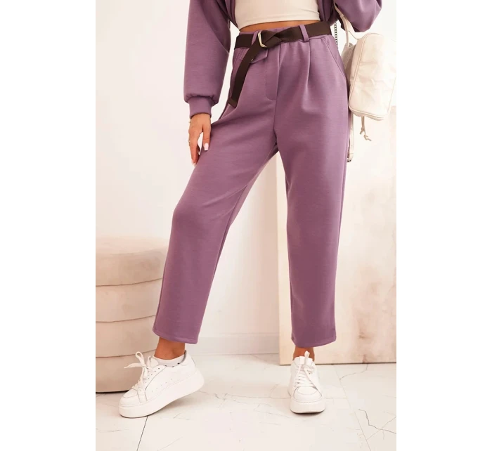 Komplet dámský máslový mikina s kapucí a kalhoty s páskem fialový