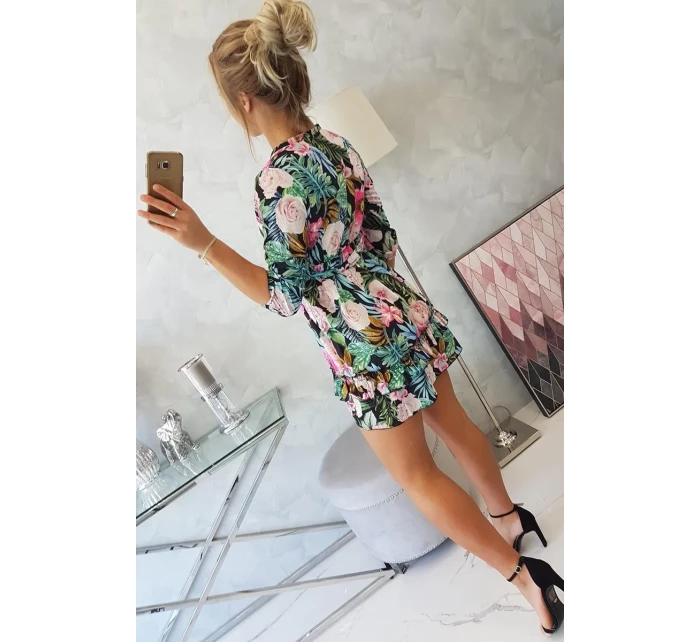 Květinové šaty s vázáním v pase černé