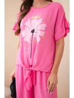Dámsky viskózový set s potlačou blúzky a nohavíc svetloružovej farby