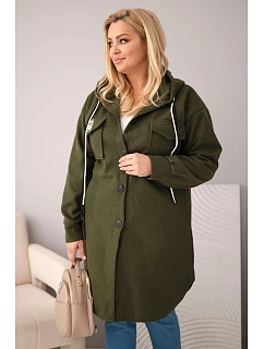 Dámský kabát Plus Size s kapucí model 22136661 na knoflíky khaki - K-Fashion