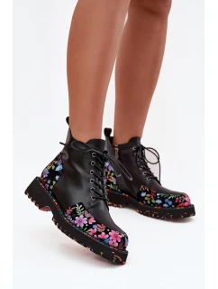 Skórzane Botki Damskie Z Kwiatkami Ocieplane Artiker 57C0180 Czarne