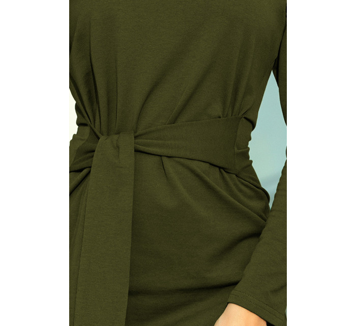 Dámske šaty v khaki farbe so širokým opaskom k zaväzovanie model 7007567