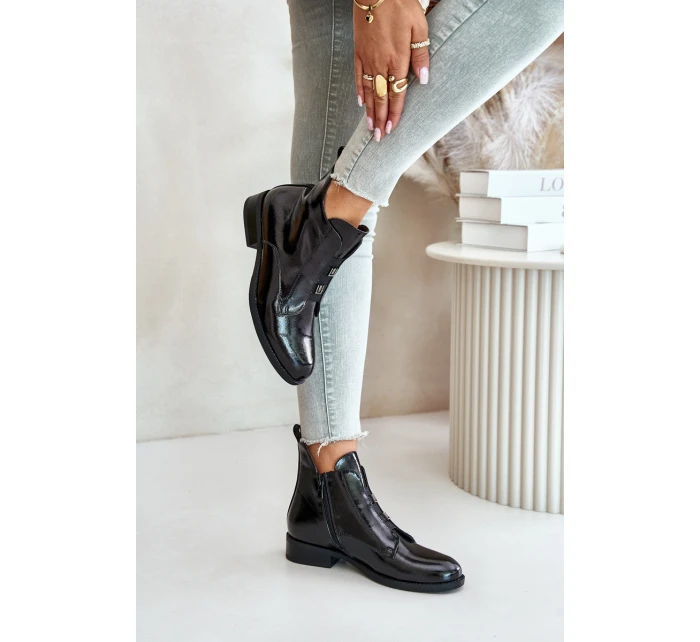 Lakierowane Botki Na Zamek Ocieplane Płaski Obcas S.Barski HY42-717 Czarne