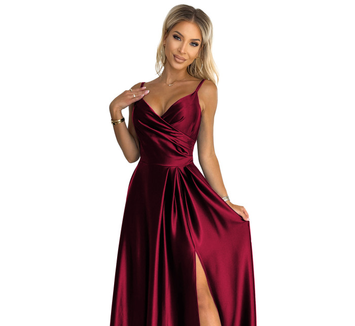 CHIARA - Elegantné dlhé dámske saténové maxi šaty vo vínovej bordovej farbe na ramienkach 299-13