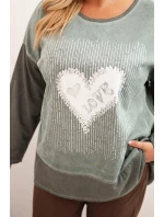 Dámske Plus veľkosť bavlnená mikina s potlačou srdca a šnúrkami Khaki