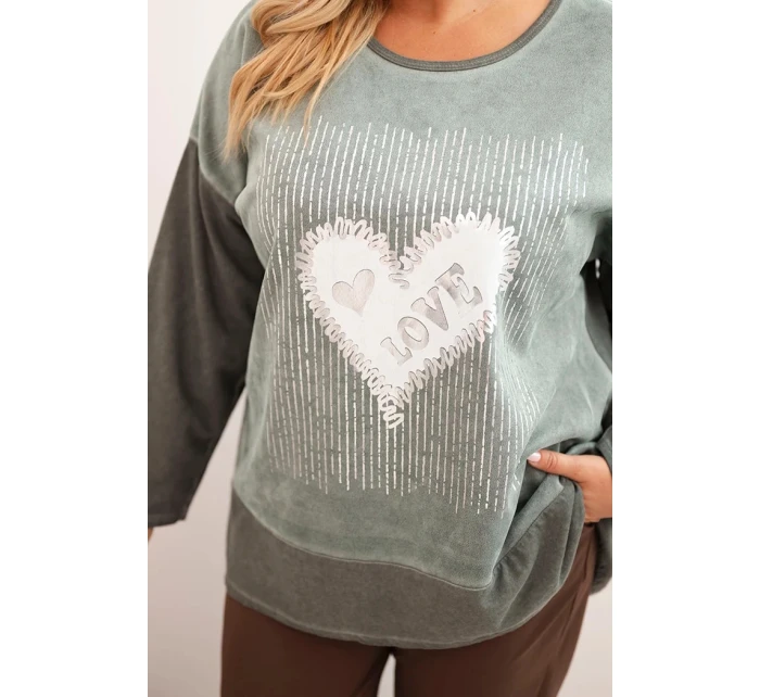 Dámske Plus veľkosť bavlnená mikina s potlačou srdca a šnúrkami Khaki