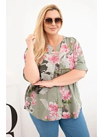 Dámske bavlnené Plus veľkosť V-neck blúzka v kvetinovej Khaki vzor