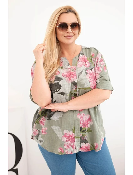 Dámske bavlnené Plus veľkosť V-neck blúzka v kvetinovej Khaki vzor