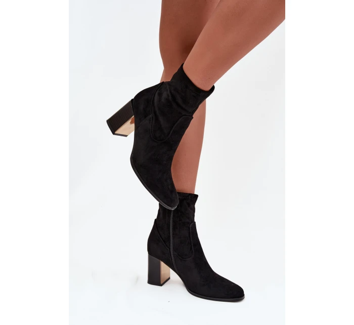 Dámske čižmy Amelisse - čierne, na podpätku, zateplené so zlatými detailmi