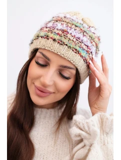 Dámska zimná čiapka s farebným vláknom a elastickou šnúrkou K352 beige