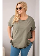 Dámske Plus veľkosť bavlnená blúzka s krátkym rukávom Khaki Dámske Plus veľkosť bavlnená blúzka s krátkym rukávom Khaki