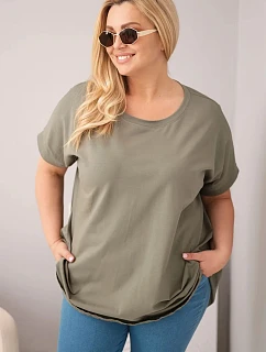 Dámske Plus veľkosť bavlnená blúzka s krátkym rukávom Khaki