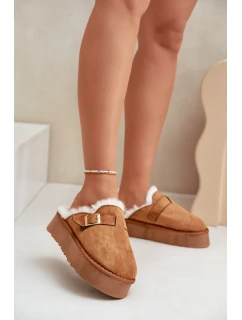 Kapcie Damskie Na Grubej Podeszwie Z Futerkiem I Klamrą Camel Linneola