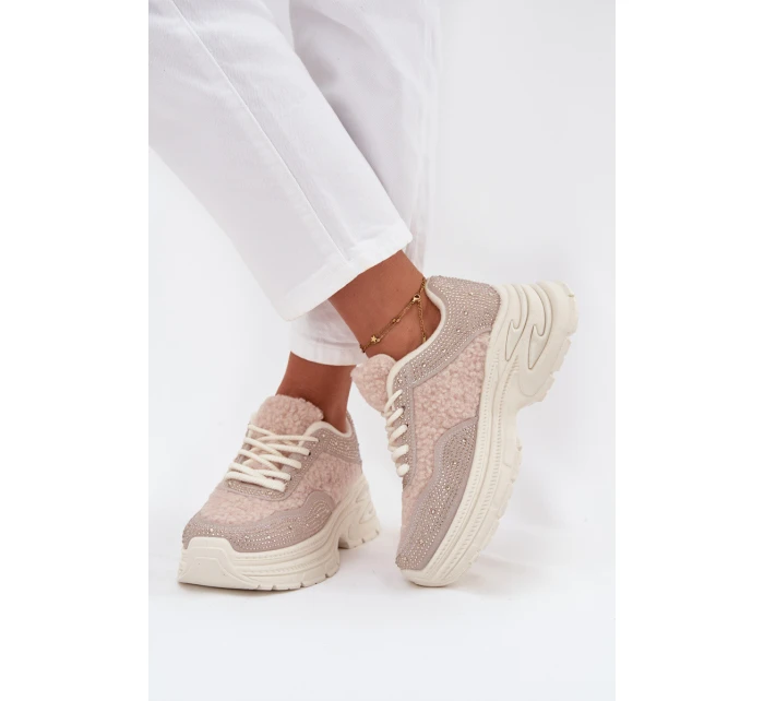 Sneakersy Damskie Z Cyrkoniami I Futerkiem Typu Baranek Jasnobeżowe Zarika Sneakersy Damskie Z Cyrkoniami I Futerkiem Typu Baranek Jasnobeżowe Zarika