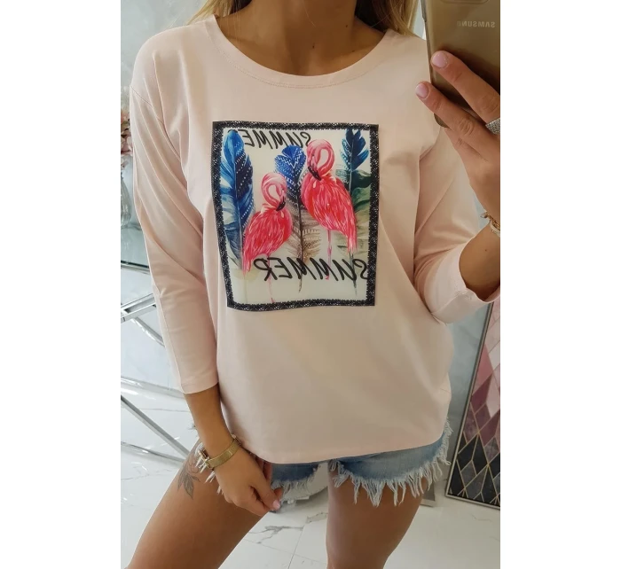 Blúzka s 3D grafikou plameniaka púdrovo ružová