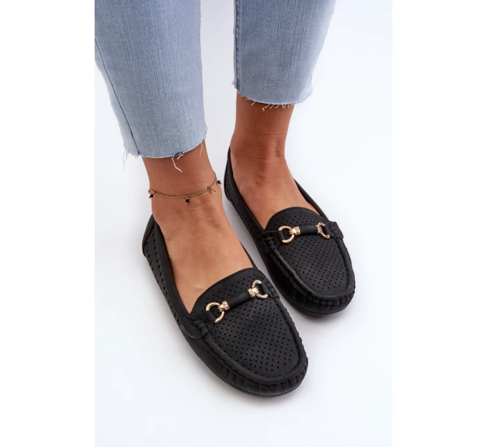 Mokasyny Damskie Ażurowe Z Ozdobą Czarne Kaydance