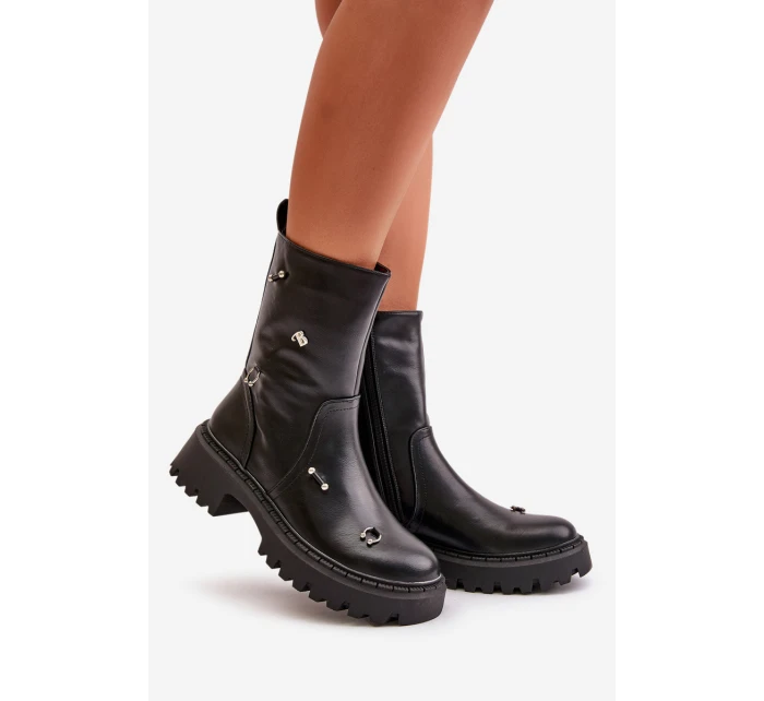 Botki Damskie Eko Skórzane Na Zamek Z Ozdobnymi Detalami Czarne Reritha Botki Damskie Eko Skórzane Na Zamek Z Ozdobnymi Detalami Czarne Reritha