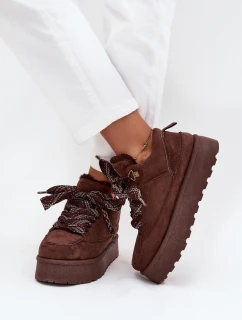 Sznurowane Śniegowce Damskie Na Platformie Ocieplane Futerkiem Brązowe Tavelle