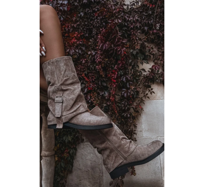 Kozaki Damskie Z Wywiniętą Cholewką Do Połowy Łydki Z Klamrą Khaki Minelle Kozaki Damskie Z Wywiniętą Cholewką Do Połowy Łydki Z Klamrą Khaki Minelle