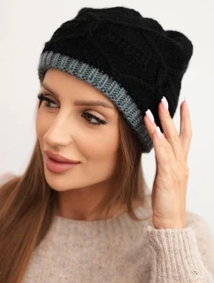 Dámska zimná vlnená čiapka s pleteným vzorom K443 čierna + sivá
