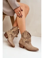 Zamszowe Botki Kowbojki Ażurowe Na Obcasie Zazoo 2994 Beżowe