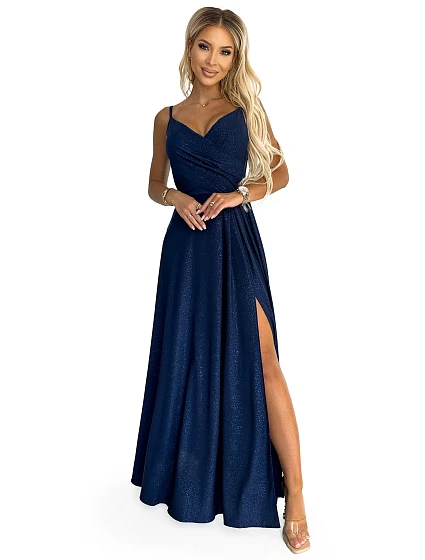 CHIARA Tmavě modré elegantní dámské maxi šaty na ramínkách s brokátem model 18805788 - numoco CHIARA Tmavě modré elegantní dámské maxi šaty na ramínkách s brokátem model 18805788 - numoco