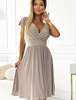 425-10 MATILDE Šaty s výstrihom a krátkymi rukávmi - béžové s trblietkami