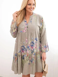 Dámské bavlněné plus size šaty s výstřihem do V a knoflíky s květinovým vzorem fango