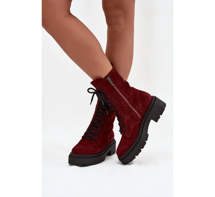 Botki Workery Damskie Z Naturalnego Zamsz Ocieplane Zazoo 4213 Bordowe