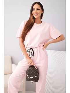 Dámský bavlněný model 22128679 tričko s krátkým rukávem a teplákové kalhoty pudrově růžová - K-Fashion