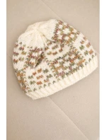 Zimná čiapka pre ženy s farebným vláknom a hrubým úpletom K355 ecru+khaki+dark pink