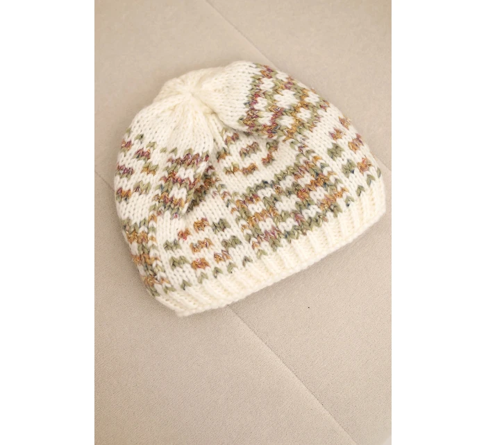 Zimná čiapka pre ženy s farebným vláknom a hrubým úpletom K355 ecru+khaki+dark pink