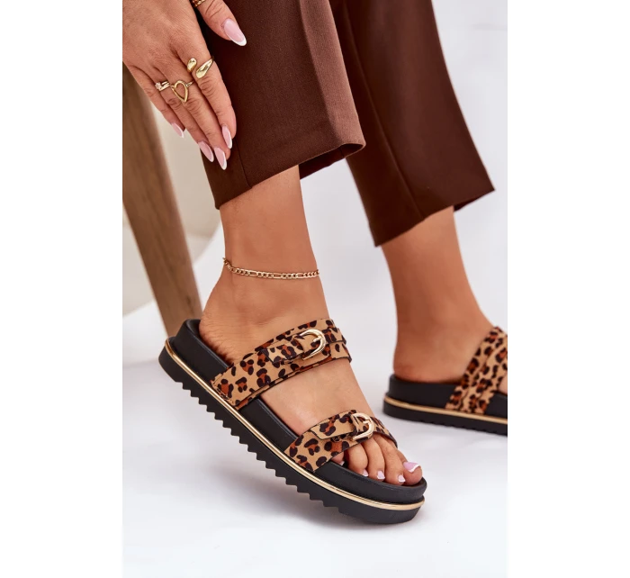 Klapki Damskie w Panterkę Na Platformie Z Paskami I Klamrami Brązowe Ziferte Klapki Damskie w Panterkę Na Platformie Z Paskami I Klamrami Brązowe Ziferte