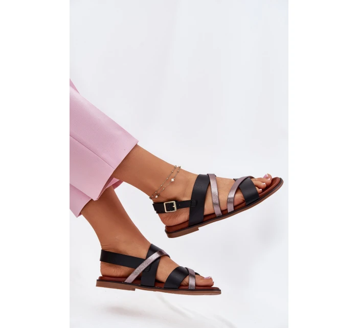 Dámské Sandály Na Plochém Podpatku S Pásky Černé model 21697516 - SERGIO LEONE