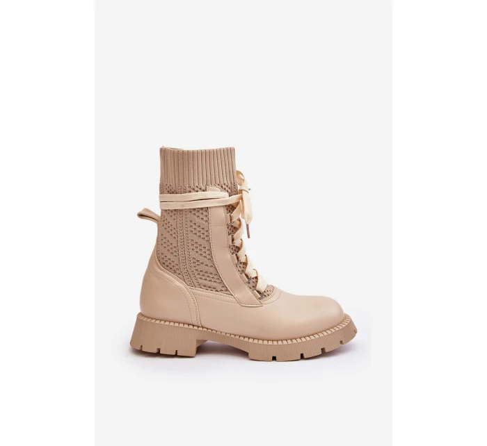 Dámské kozačky se šněrováním a světle béžové model 21642187 - Boto