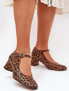 Dámske kožené lodičky na podpätku s leopardím vzorom Laura Messi - hnedé