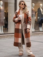 Dámský kabát dvouřadý s příměsí vlny kostkované oranžová FashionStreet NY0824