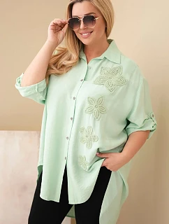 Dámske tričko Plus Size z viskózy s kvetinovou výšivkou tmavá mentolová