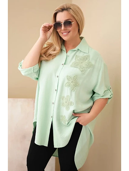 Dámske tričko Plus Size z viskózy s kvetinovou výšivkou tmavá mentolová