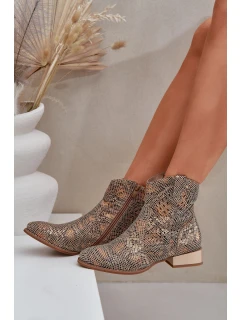 Ażurowe Damskie Botki Na Niskim Obcasie Ozdobione Zwierzęcym Wzorem Złote Neliawen