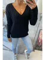 Pletený sveter s véčkovým výstrihom čierny