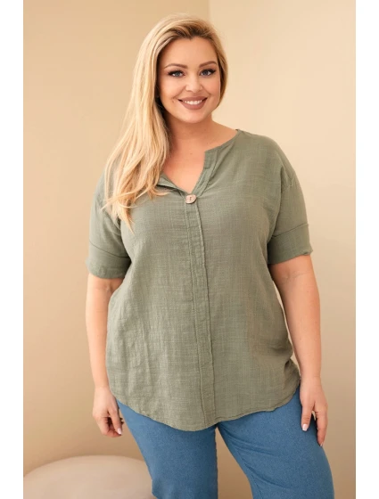Dámská bavlněná halenka Plus Size s výstřihem na knoflíky khaki