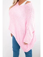 Dámský svetr oversize s výstřihem do V a delším zadním dílem růžová model 22293708 - K-Fashion Dámský svetr oversize s výstřihem do V a delším zadním dílem růžová model 22293708 - K-Fashion