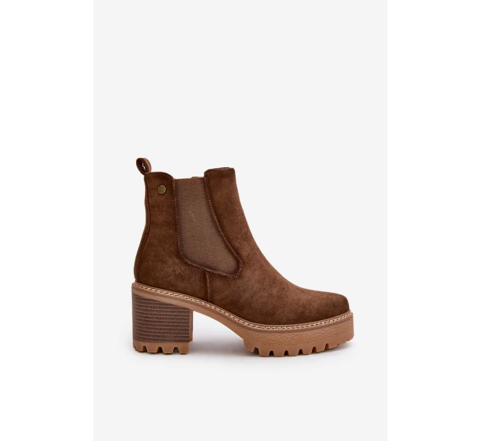 Botki Damskie Ocieplane Na Słupku Eko Zamszowe Brązowe Irissinae Botki Damskie Ocieplane Na Słupku Eko Zamszowe Brązowe Irissinae