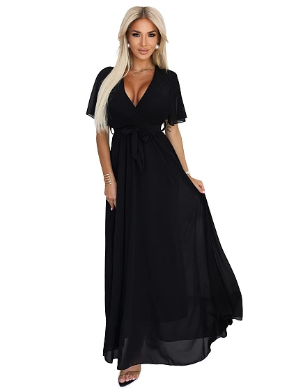 Dlouhé šaty se výstřihem a vázáním ČERNÁ model 21230934 - numoco basic