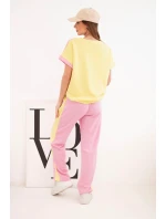Dámská máslová souprava s oversize mikinou a širokými kalhotami světle růžová + žlutá