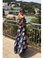 Dlhé dámske čierne šaty s farebnými kvetmi a španielskym výstrihom model 7118058