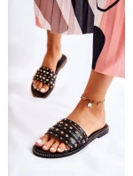 Damskie Skórzane Klapki Z Ozdobą Czarne Brien