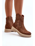 Zazoo 3470 Zamszowe Botki Damskie Na Płaskim Obcasie Ażurowe Brązowe
